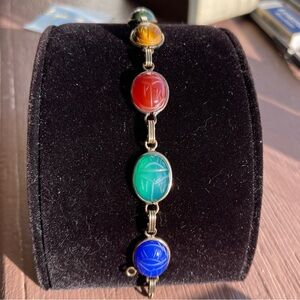 Vintage Burt Russell Egyptian Revival 12k Gold Filled Gemstone Scarab Bracelet